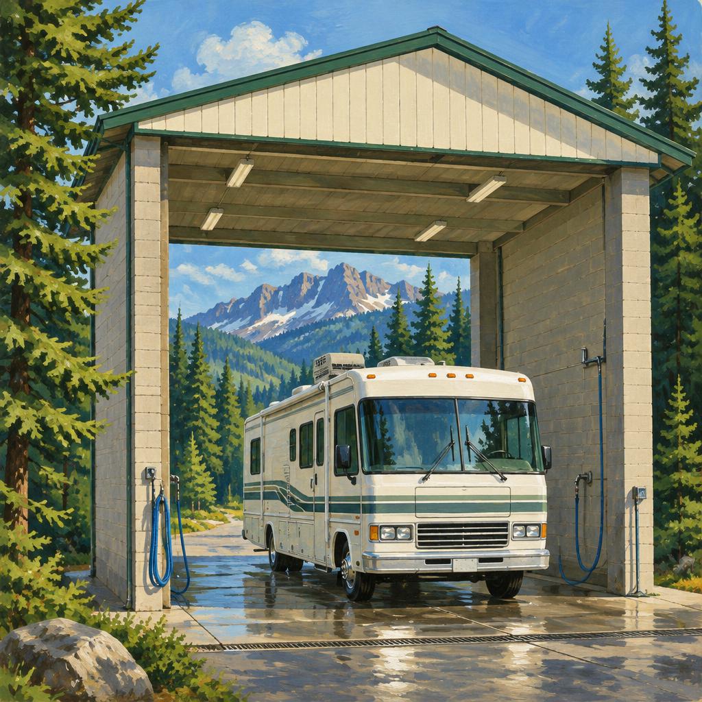 Painted illustration of a large RV inside a tall car wash bay